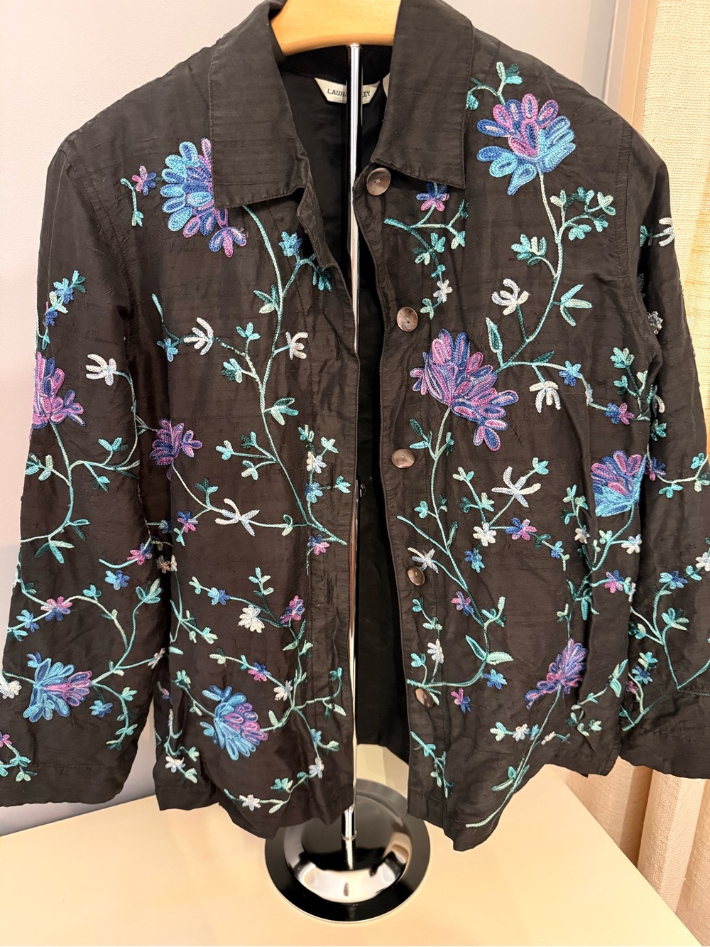 Laura Ashley Black Floral Embroidered Shirt/Jacket with Blue & Purple Blooms